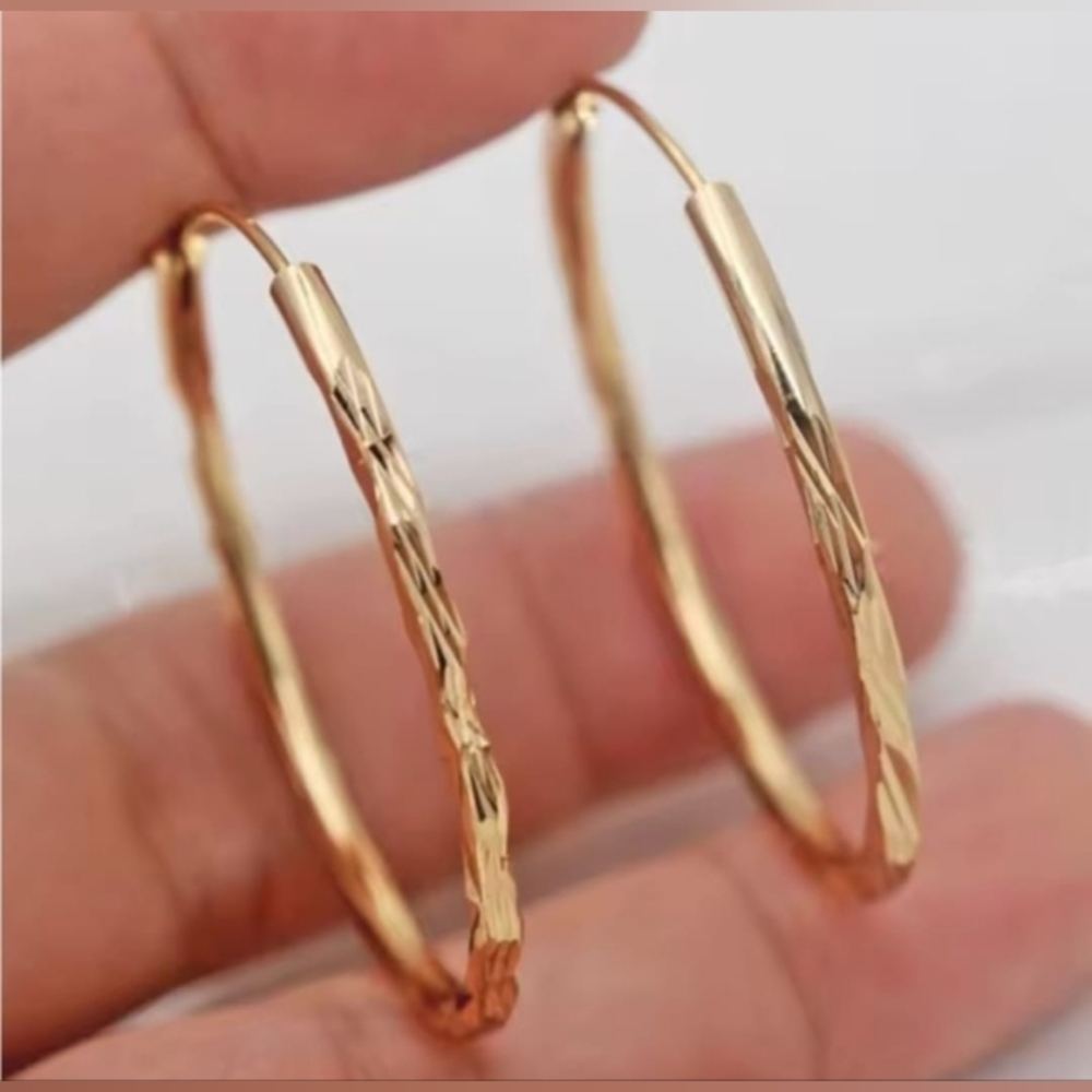 Gold Textured Hoop Earrings - Women Jewelry Earrings - Picture 3 of 7
